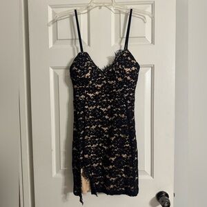 Just Me Black Lace Dress with Nude Underlay